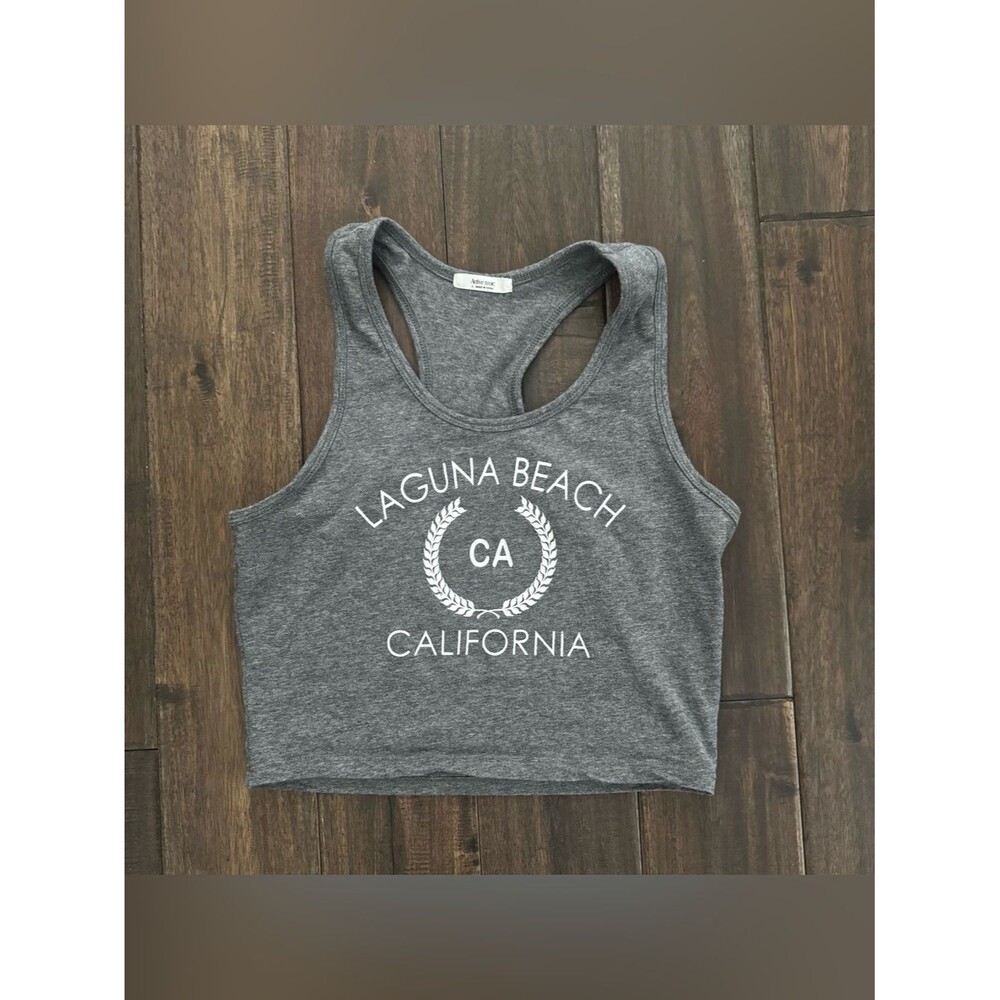 Active Basic Gray Laguna Beach California Graphic Crop Tank Top Jr. L